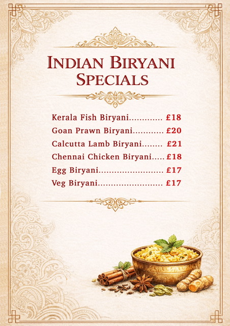 Indian Biryani Menu